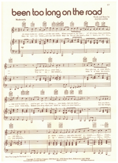 Picture of Been Too Long on the Road, David Gates, recorded by Bread, sheet music