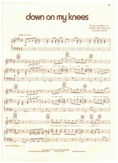 Picture of Down On My Knees, James Griffin & David Gates, recorded by Bread, sheet music