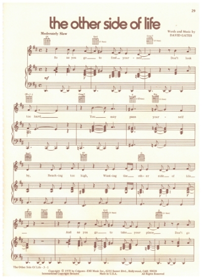 Picture of The Other Side of Life, David Gates, recorded by Bread, sheet music