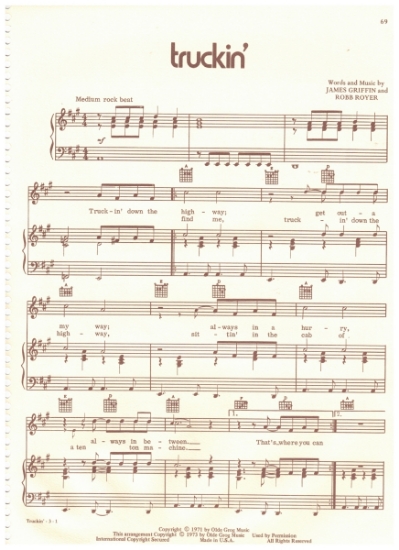 Picture of Truckin', James Griffin & Robb Royer, recorded by Bread, sheet music