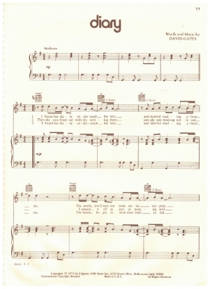 Picture of Diary, David Gates, recorded by Bread, sheet music