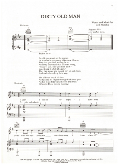 Picture of Dirty Old Man, Bob Ruzicka, recorded by Valdy, sheet music