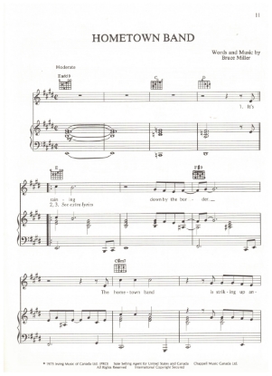 Picture of Hometown Band, Bruce Miller, recorded by Valdy, sheet music