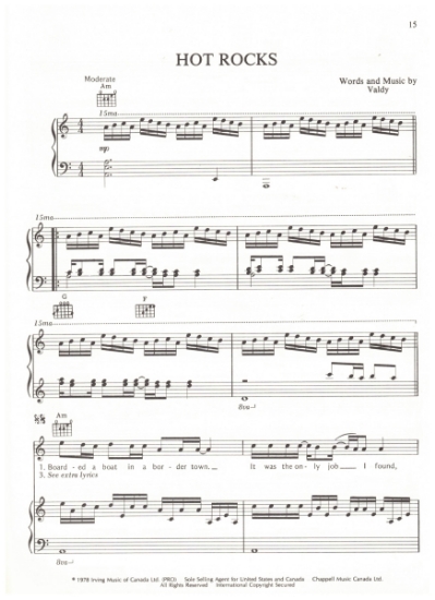 Picture of Hot Rocks, written & recorded by Valdy, sheet music