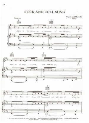 Picture of Rock and Roll Song, written & recorded by Valdy, sheet music