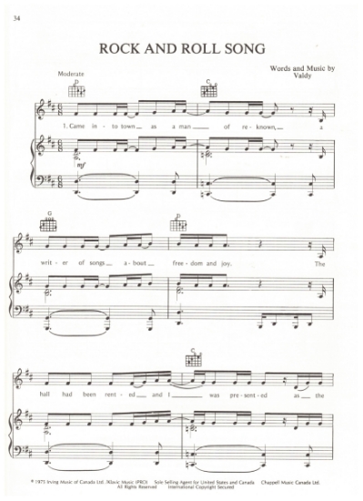 Picture of Rock and Roll Song, written & recorded by Valdy, sheet music