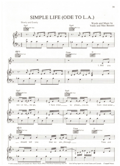 Picture of Simple Life (Ode to L.A.), Valdy & Max Bennett, recorded by Valdy, sheet music