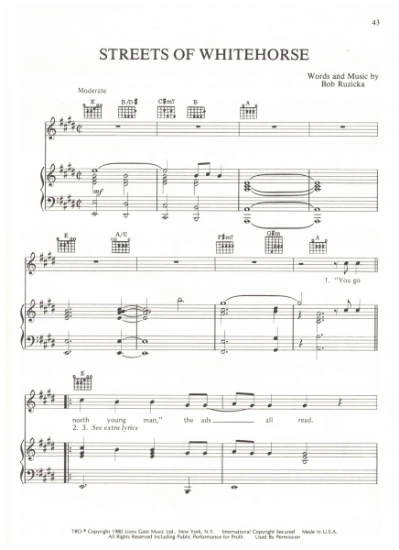 Picture of Streets of Whitehorse, Bob Ruzicka, recorded by Valdy, sheet music