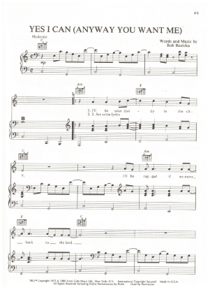 Picture of Yes I Can (Anyway You Want Me), Bob Ruzicka, recorded by Valdy, sheet music
