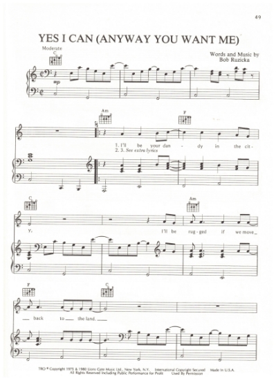 Picture of Yes I Can (Anyway You Want Me), Bob Ruzicka, recorded by Valdy, sheet music