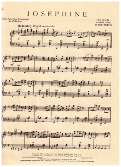 Picture of Josephine, Gus Kahn/ Wayne King/ Burke Bivens, arr. for accordion solo by Galla-Rini, sheet music