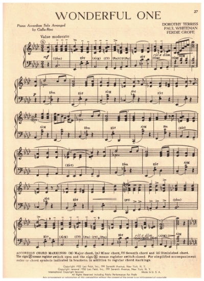Picture of Wonderful One, Dorothy Terriss/ Paul Whiteman/ Ferdie Grofe, arr. for accordion solo by Galla-Rini, sheet music
