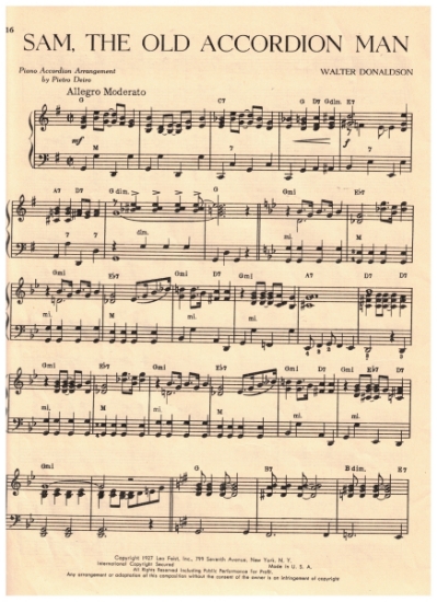 Picture of Sam the Old Accordion Man, Walter Donaldson, arr. for accordion solo by Pietro Deiro,  sheet music