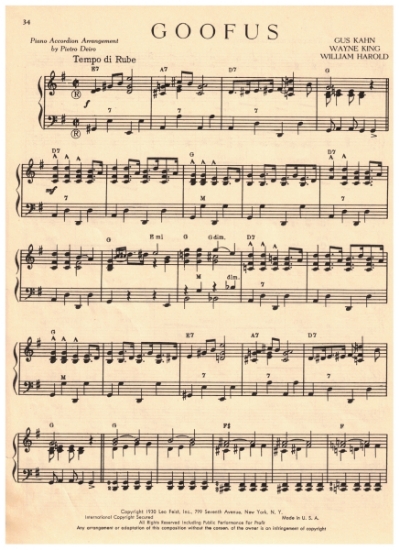 Picture of Goofus, Gus Kahn/ Wayne King/ William Harold, arr. for accordion solo by Pietro Deiro, sheet music
