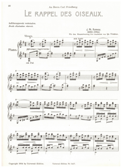 Picture of Le Rappel des Oiseaux, J. P. Rameau, piano solo transcription by Ignaz Friedman, sheet music