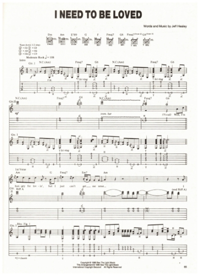 Picture of I Need to be Loved, written & recorded by Jeff Healey, guitar TAB sheet music