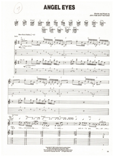 Picture of Angel Eyes, John Hiatt & Fred Koller, recorded by Jeff Healey, guitar TAB sheet music