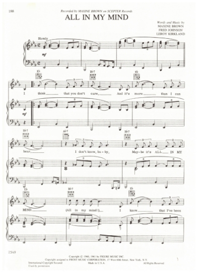 Picture of All in My Mind, Maxine Brown/ Fred Johnson/ Leroy Kirkland, recorded by Maxine Brown, sheet music