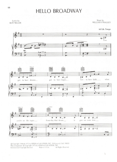 Picture of Hello Broadway, from movie "Lady Sings the Blues", Ron Miller & William O'Malley, sung by Diana Ross, sheet music