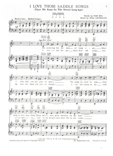 Picture of I Love Those Saddle Songs (That We Sang in the Sweet Long Ago), Tom Mix & Will Livernash, sheet music