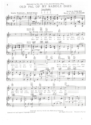Picture of Old Pal of My Saddle Days, Tom Mix & Will Livernash, sheet music