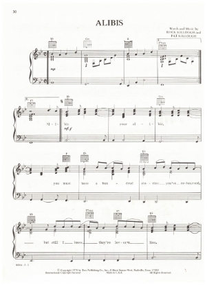 Picture of Alibis, Rock & Paul Killough, recorded by Johnny Rodriguez, sheet music