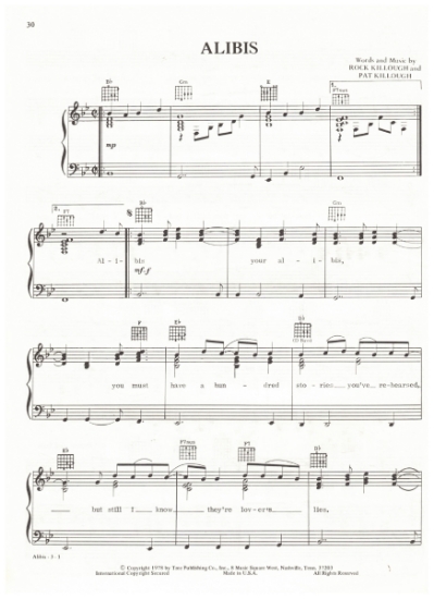Picture of Alibis, Rock & Paul Killough, recorded by Johnny Rodriguez, sheet music