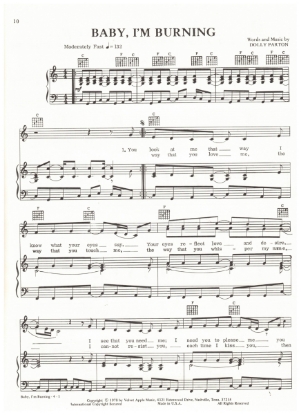 Picture of Baby I'm Burning, written & recorded by Dolly Parton, sheet music