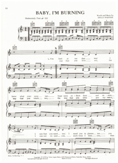 Picture of Baby I'm Burning, written & recorded by Dolly Parton, sheet music