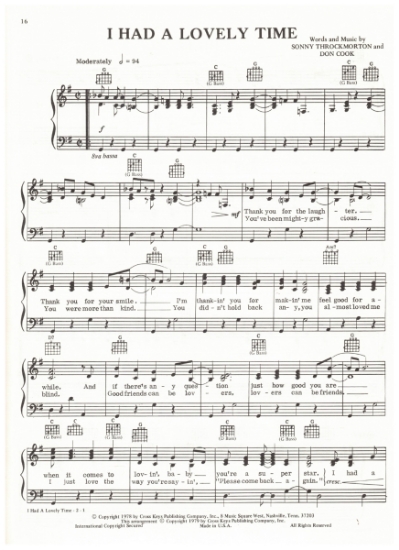 Picture of I Had a Lovely Time, Sonny Throckmorton & Don Cook, recorded by The Kendalls , sheet music