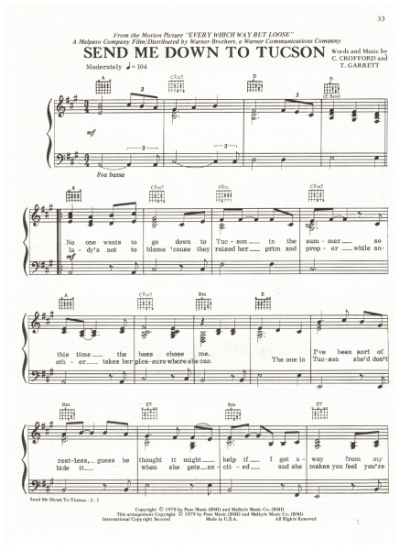 Picture of Send Me Down to Tucson, from movie "Every Which Way But Loose", C. Crofford & T. Garrett , sheet music