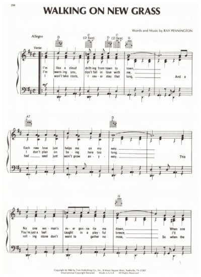 Picture of Walking on New Grass, Ray Pennington, recorded by Kenny Price (also recorded by Mel Tillis, Ray Price & many others), pdf copy 