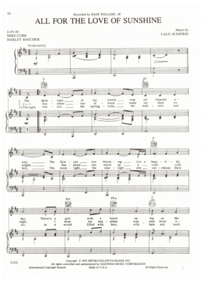 Picture of All for the Love of Sunshine, Mike Curb/ Harley Hatcher/ Lalo Schifrin, recorded by Hank Williams Jr, sheet music