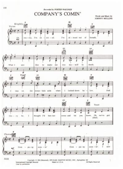 Picture of Company's Comin', Johnny Mullins, recorded by Porter Wagoner, sheet music