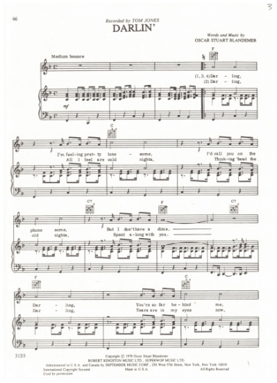 Picture of Darlin', Oscar Stuart Blandemer, recorded by Tom Jones, sheet music