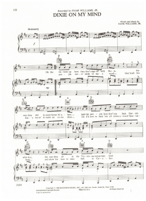 Picture of Dixie on My Mind, written & recorded by Hank Williams Jr, sheet music