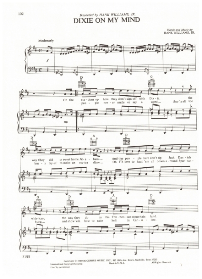 Picture of Dixie on My Mind, written & recorded by Hank Williams Jr, sheet music