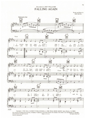Picture of Falling Again, Bob McDill, recorded by Don Williams, sheet music