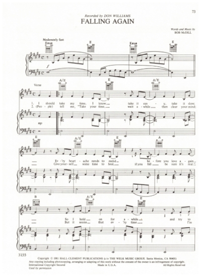 Picture of Falling Again, Bob McDill, recorded by Don Williams, sheet music