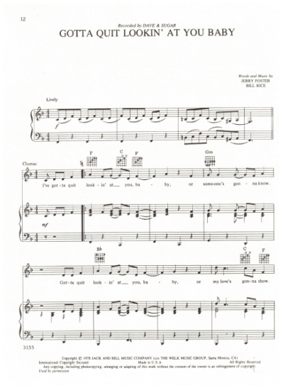 Picture of Gotta Quit Lookin' at You Baby, Jerry Foster & Bill Rice, recorded by Dave & Sugar, sheet music