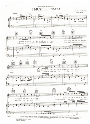 Picture of I Must Be Crazy, written & recorded by Bob McDill, sheet music