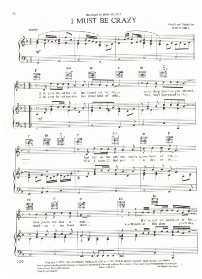 Picture of I Must Be Crazy, written & recorded by Bob McDill, sheet music