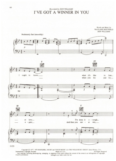 Picture of I've Got a Winner in You, Don Williams & Wayland Holyfield, recorded by Don Williams, sheet music