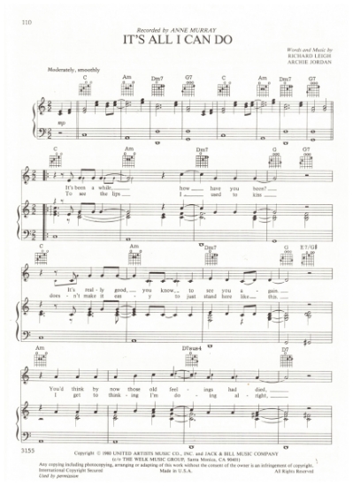 Picture of It's All I Can Do, Richard Leigh & Archie Jordan, recorded by Ronnie Milsap, sheet music