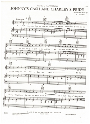 Picture of Johnny's Cash and Charley's Pride, Cy Coben, recorded by Mac Wiseman, sheet music