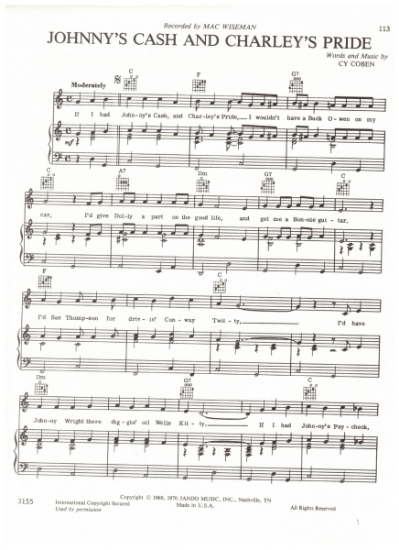 Picture of Johnny's Cash and Charley's Pride, Cy Coben, recorded by Mac Wiseman, sheet music