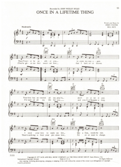 Picture of Once in a Lifetime Thing, Jerry Foster & Bill Rice, recorded by John Wesley Ryles, sheet music