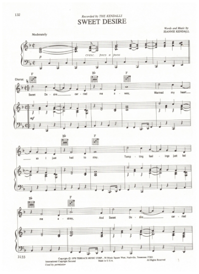 Picture of Sweet Desire, Jeannie Kendall, recorded by The Kendalls, sheet music