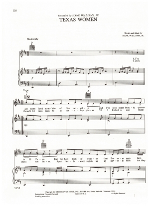 Picture of Texas Women, written & recorded by Hank Williams Jr, sheet music