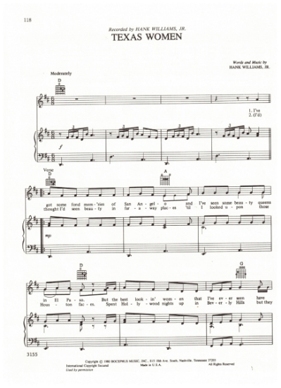 Picture of Texas Women, written & recorded by Hank Williams Jr, sheet music